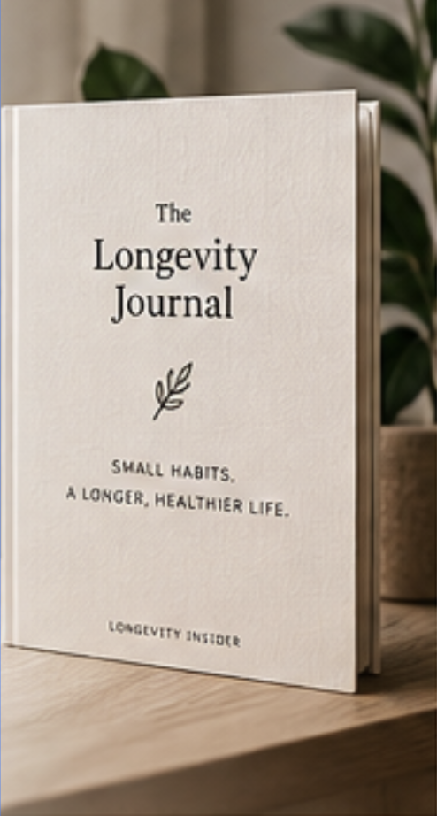 Das cremefarbene Longevity Journal auf einem Holztisch, im Hintergrund eine grüne Pflanze