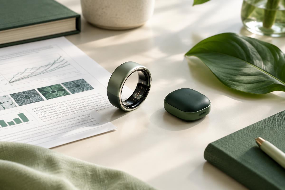 Smartring und Gesundheitssensor neben wissenschaftlichen Unterlagen
