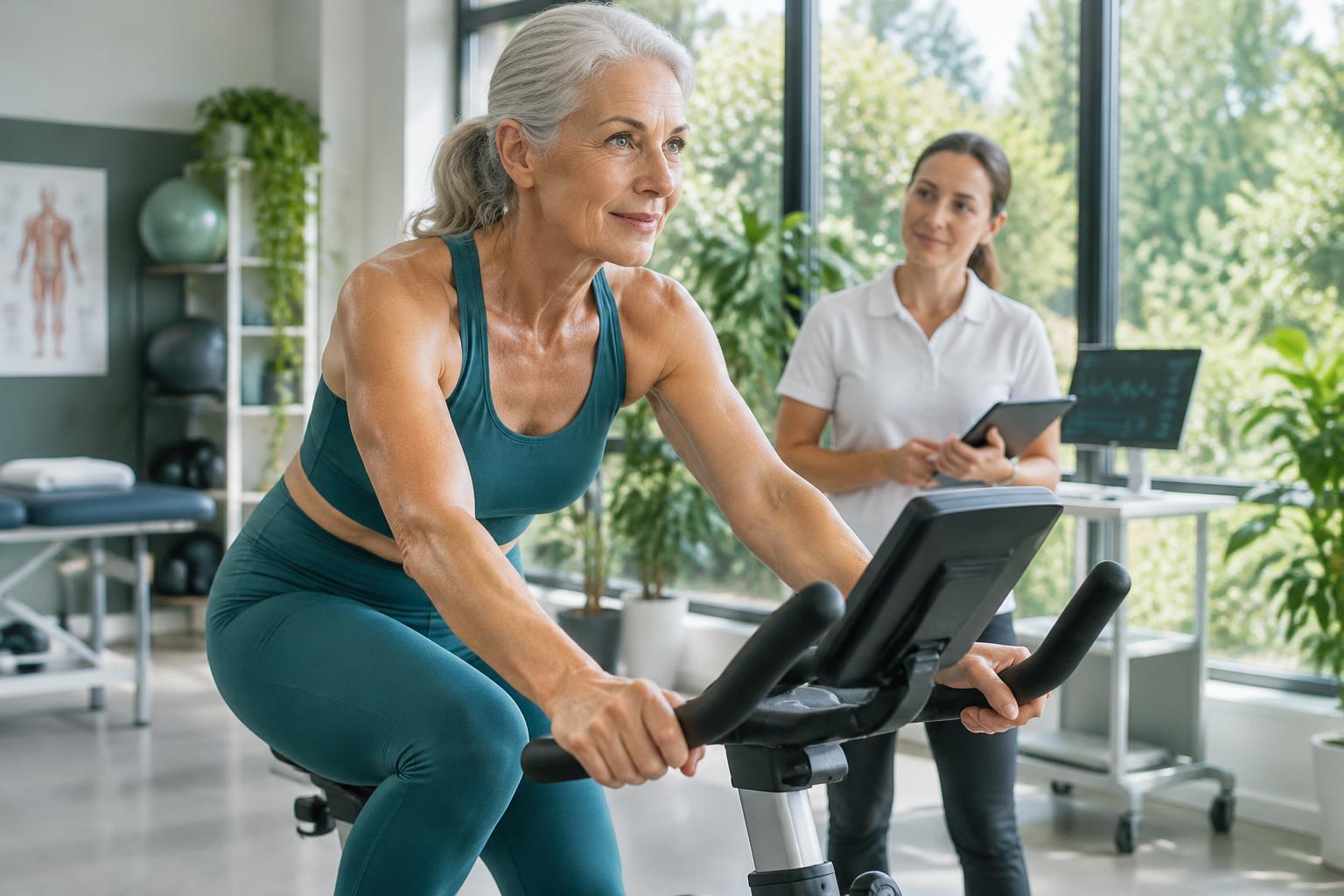 Ältere Frau beim Intervalltraining auf einem Fahrradergometer mit physiotherapeutischer Begleitung